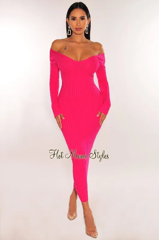 Mega Sale Fuchsia Ribbed Knit Long Sleeves Dress Casual Weekend Relaxed Style