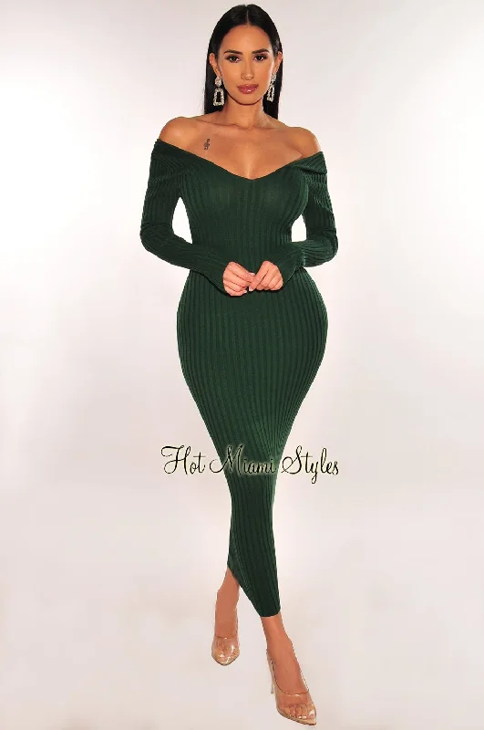 Spring Fashion Hunter Green Ribbed Knit Long Sleeves Dress Flowing Silhouette