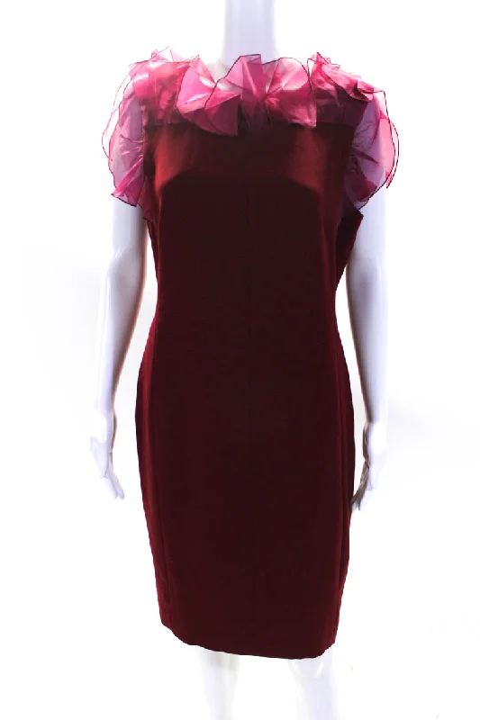 Explore What'S New Max Mara Womens Organza Ruffle Sleeveless Sheath Dress Maroon Chic Sophistication