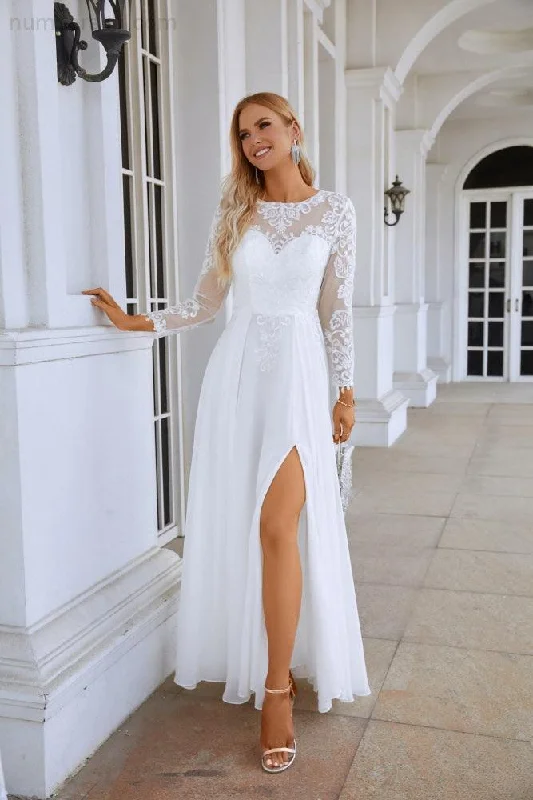 Effortless Style, Endless Impact Ladies Round Neck Long Sleeve Front Slit Chiffon Lace Floor Length Bridesmaid Evening Dress Wedding Prom Party Evening Dress 28122 Sophisticated Cut