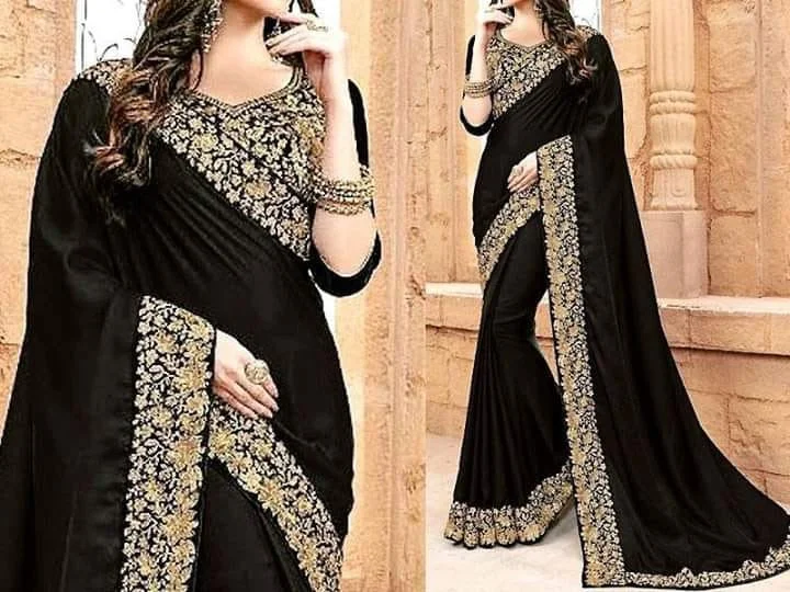 Valentine's Special Black Bridal Indian Saree In Silk Fabric Model# B 1814 Floral Style