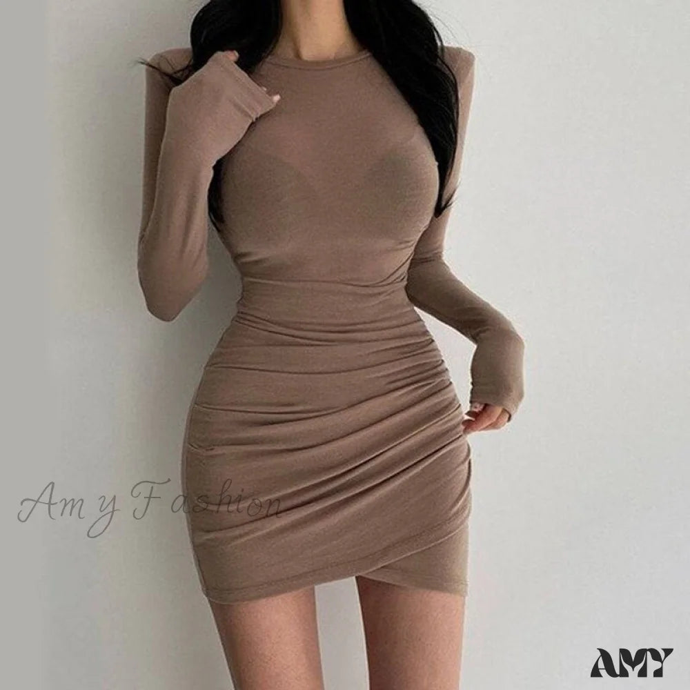 Seasonal Trends Amy Fashion - Long Sleeve Ruched Sexy Bodycon Mini Dress Flowy Fabric