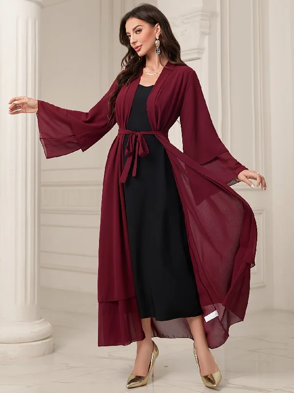 Trend Alert Long Sleeve Elegant Modest Cover Up Dress - Semi-Sheer, Solid Color, Polyester, Loose Fit, Middle East Style, Woven, No Elasticity, Perfect for All Seasons Minimalist Elegant