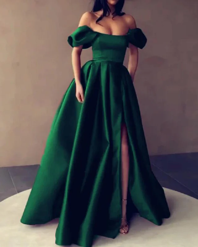 Polished Style Deals Satin A Line Emerald Green Poofy Short Sleeves Long Prom Evening Gown PL08042 Chic Allure