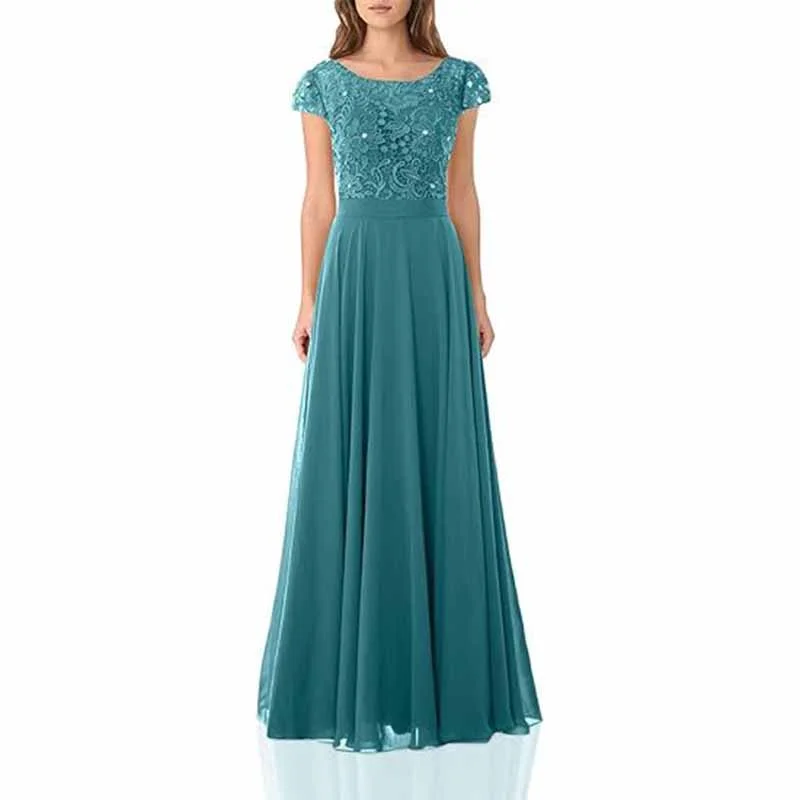 Seasonal Clearance Long lace bridesmaid dresses with cap sleeves lace top wedding guest dress event dress Luxury Style