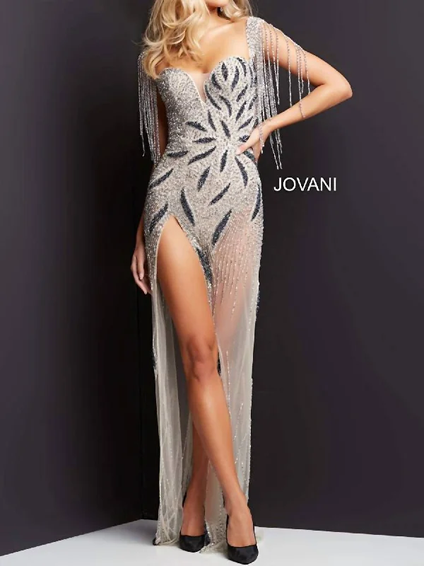 Limited Time Deal Plunging Neck Embellished Evening Gown In Nude Grey Elevated Style