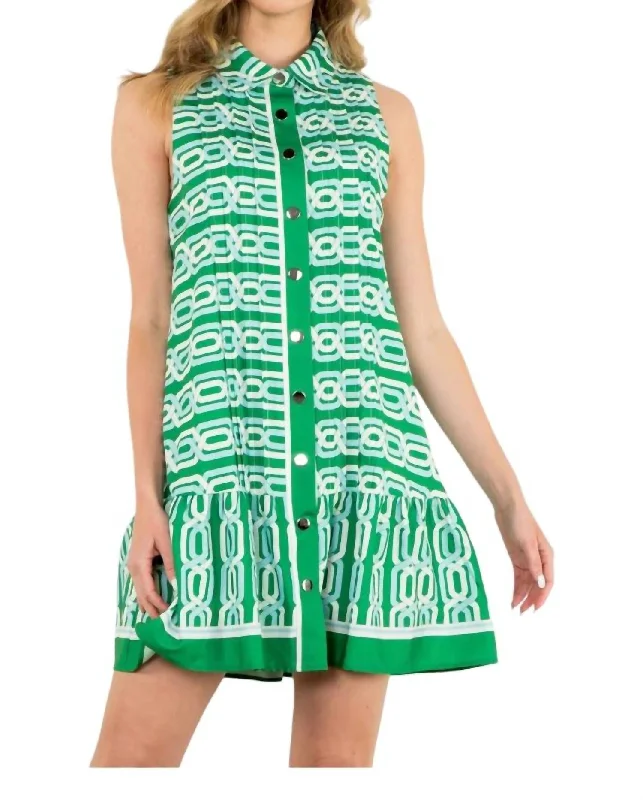 New In This Season Sleeveless Print Pleat Dress In Green Modern Romance