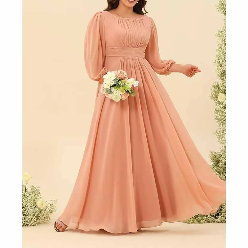 Big Discounts Long Sleeve Bridesmaid Dresses Chiffon Wedding Guest Dress Long Evening Gowns Chic Urban Fashion Look