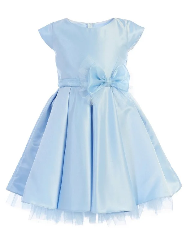 Budget Saver Big Girls Light Blue Pleated Satin Bow Junior Bridesmaid Dress 7-12 Vibrant Prints