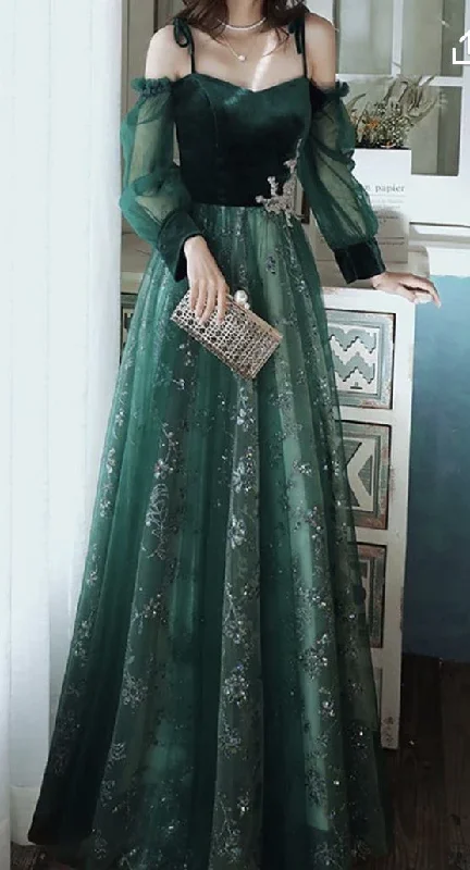 Flash Sale Simple A line Straps Long Sleeves Green Sequin Prom Dress B579 Sleek Design