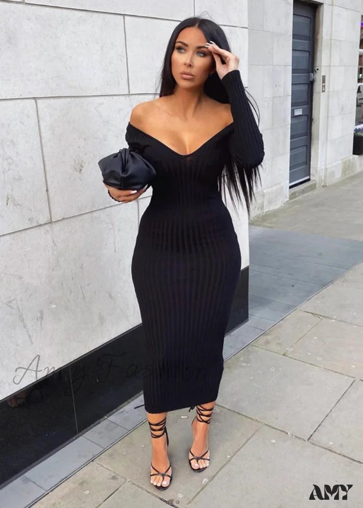 Limited Time Offers Amy Fashion - V Neck Sexy Slim Elastic Basic Long Bodycon Dress Seasonal Trend