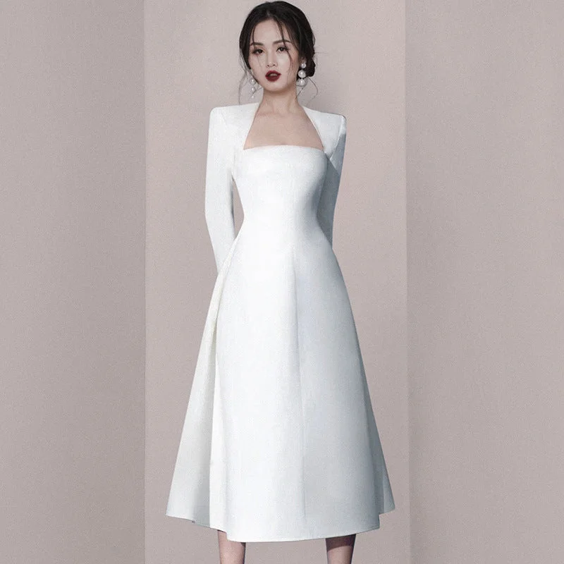 Top Deals IKEARLAX  Autumn and Winter New Style White Simple Dress Bride Toasting Bridesmaid Dress Banquet Formal Occasion Dinner Suit Dreamy Draping