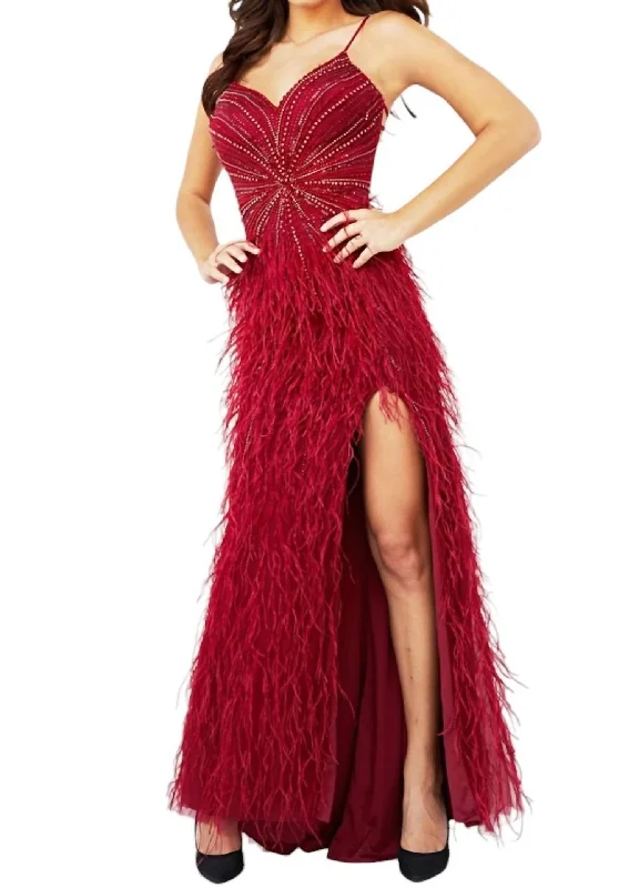 Massive Selection Sale Sleeveless Beaded Bodice Feather Skirt Dress In Burg Classic Charm