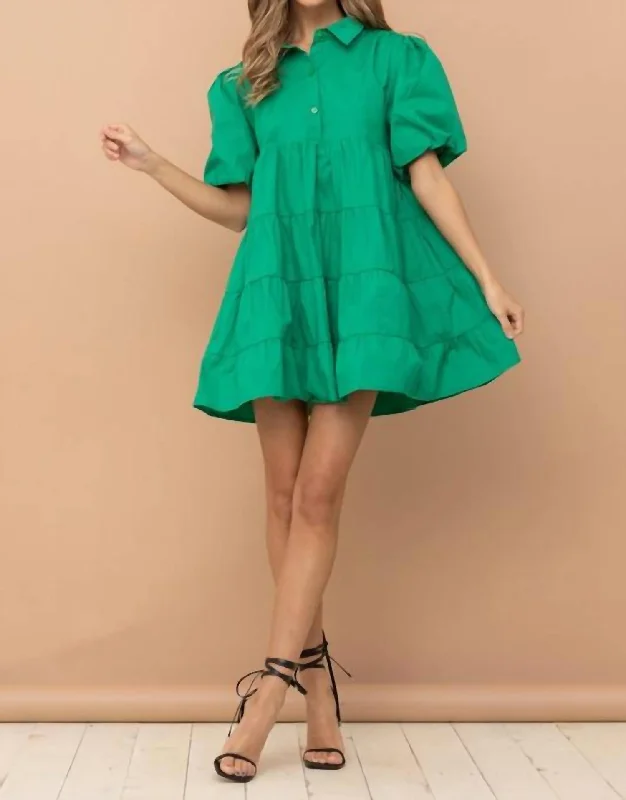 Timeless Style Promotions Tiered Puff Sleeve Short Shirt Dress - Kelly Green Boho Chic