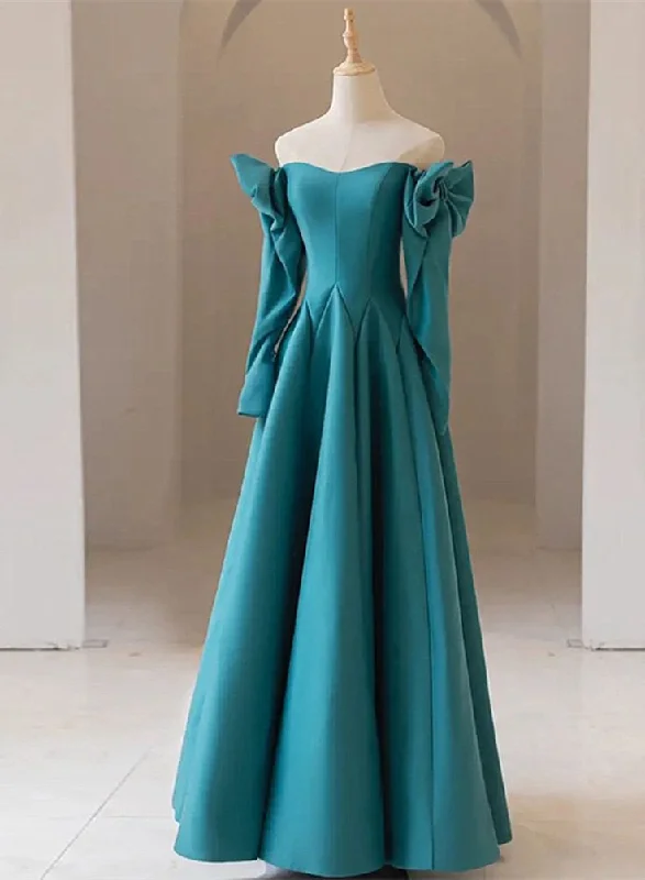 Trendy Styles Teal Blue Long Sleeves with Bow A-line Sweetheart Prom Dress, Teal Blue Evening Dress     cg25044 Effortless Sophistication