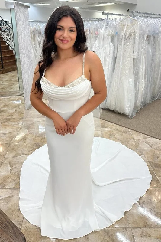 Sophisticated Fashion White Beaded Cowl Neck Backless Long Wedding Dress Elegant Contour