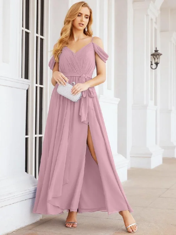 Must-Have Style Discounts Numbersea Off The Shoulder Chiffon Bridesmaid Dress Long Formal Graduation Gown with Cowl Back 28069 Statement Piece