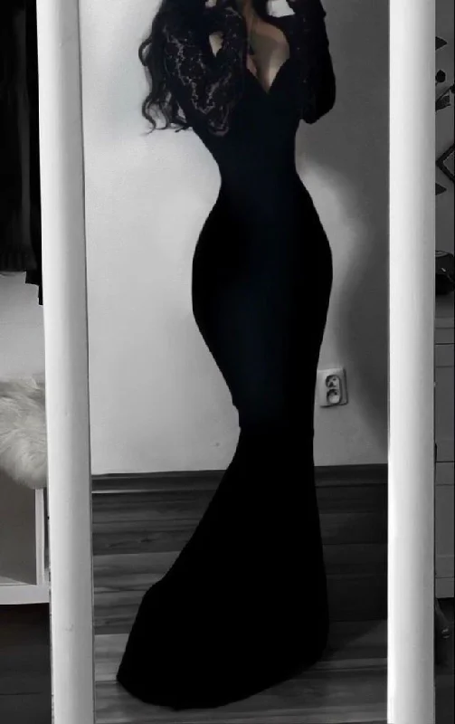 Must-Have Style Discounts Elegant Mermaid Sweetheart Black Lace Long Sleeves Prom Dress Birthday Outfits C3537 Graceful Drape