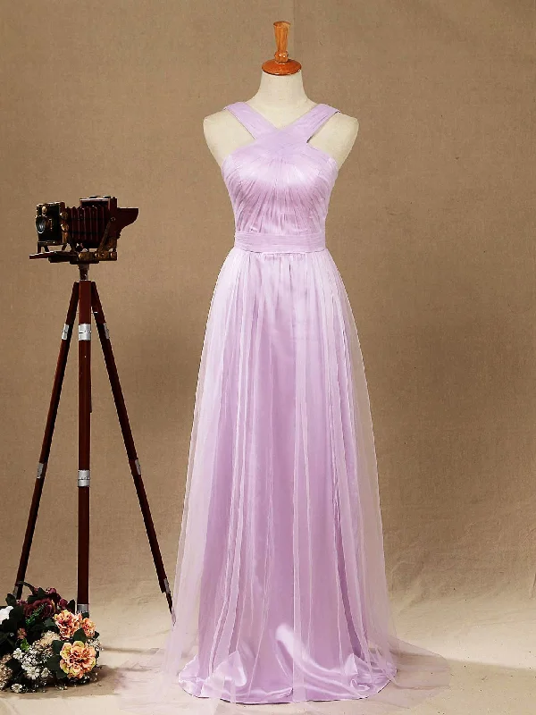 Casual Chic Numbersea Sheath / Column V-neck Floor Length Tulle Bridesmaid Dress with Criss Cross Ruching Casual Chic