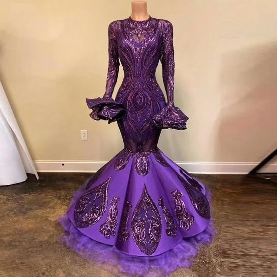 The Latest Trends Unique Purple Long Sleeves Sequins Lace Mermaid Prom Dresses, Shinning Formal Evening Party Dress   cg17802 Feminine Elegant