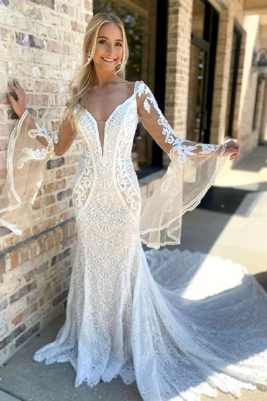 Elegant Style White Lace Plunge Long Sleeve Mermaid Long Wedding Dress Graceful Cut