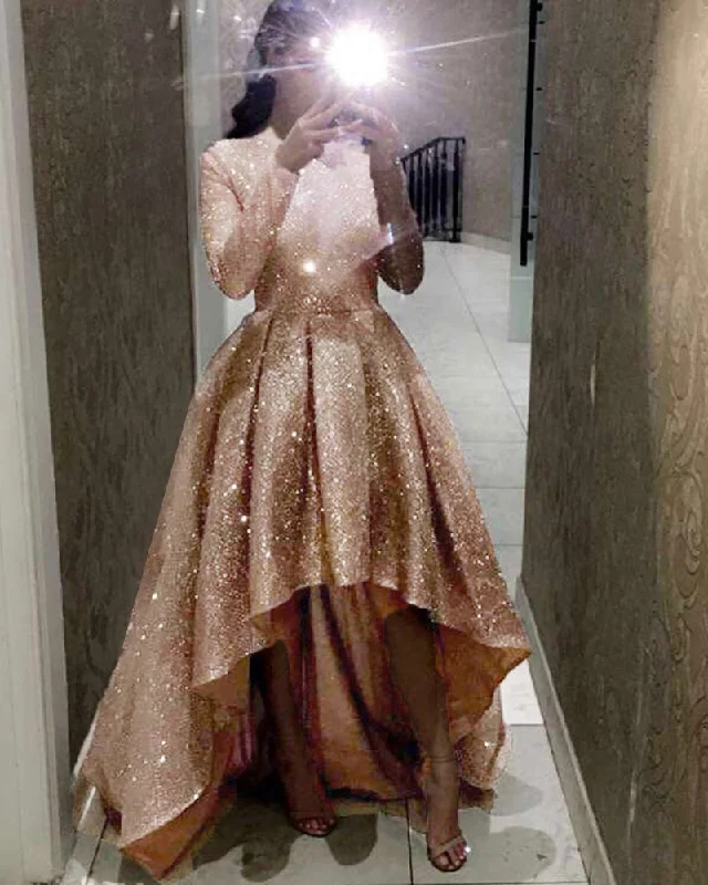 Style Upgrade Rose Gold /Champagne Sequins Bling Bling Sparkly Vintage Long Sleeves High Low Party Prom Dresses PL1029 Dreamy Draping