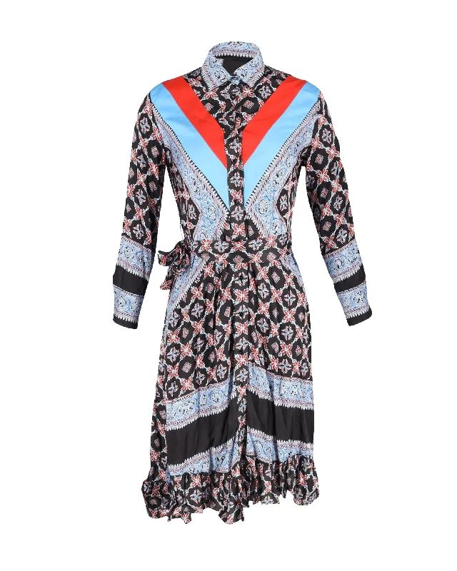 Winter Warehouse Sale Sandro John Belted Cady-Paneled Printed Shirt Dress in Multicolor Viscose Classic Charm