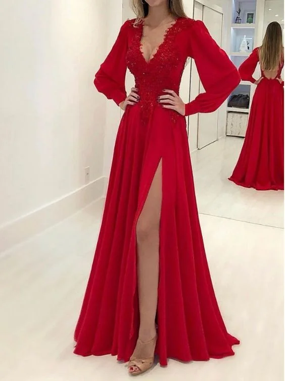 Low Price Special 2021 A-Line Long Sleeves V-neck Long Applique Chiffon Red Prom Dresses   cg20652 Contemporary Chic