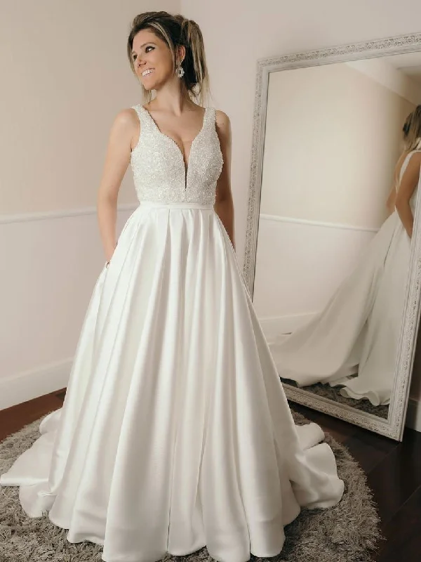 Crazy Discounts, Hurry Up Sexy Backless V Neck A-line Custom Wedding Dresses Online, WD350 Flowy Fabric