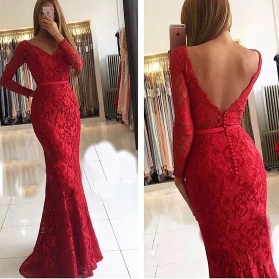 Limited Stock, Big Sale Red Lace Mermaid Prom Dresses | V-Neck Long Sleeves Evening Dresses   cg19908 Floral Style