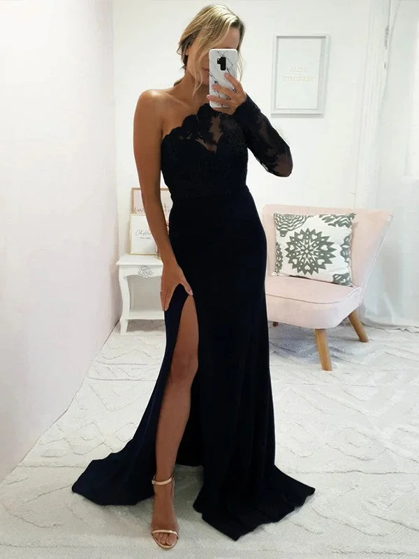 End-Of-Season Clearance Numbersea Sheath Column Stretch Crepe Applique One-Shoulder Long Sleeves Sweep/Brush Train Bridesmaid Dresses Graceful Movement