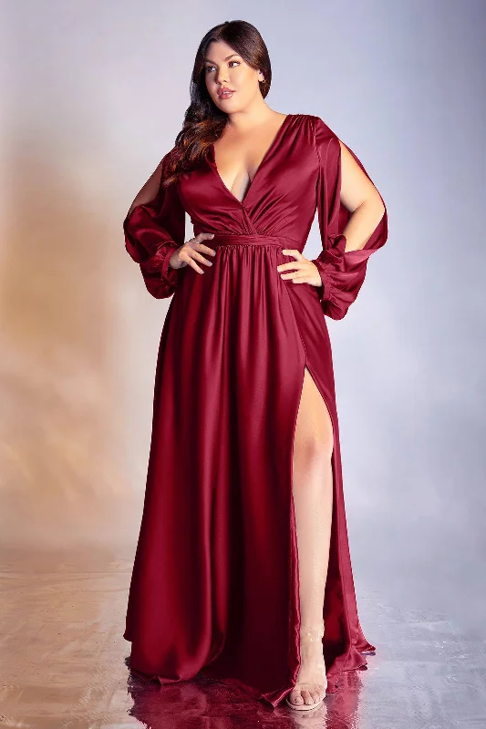 Additional Time-Limited Offers Curve Satin Plus Size A-line High Leg Slit Closed Shoulder Long Prom & Bridesmaid Dress CD7475C Charming Silhouette