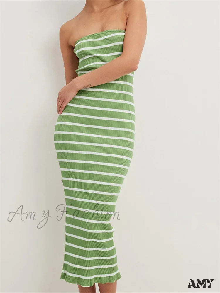 Limited-Time Offer Amy Fashion - Women Bodycon  Striped Strapless Off Shoulder Backless Tube Summer Split Knitted Party Vestidos Dreamy Aesthetic