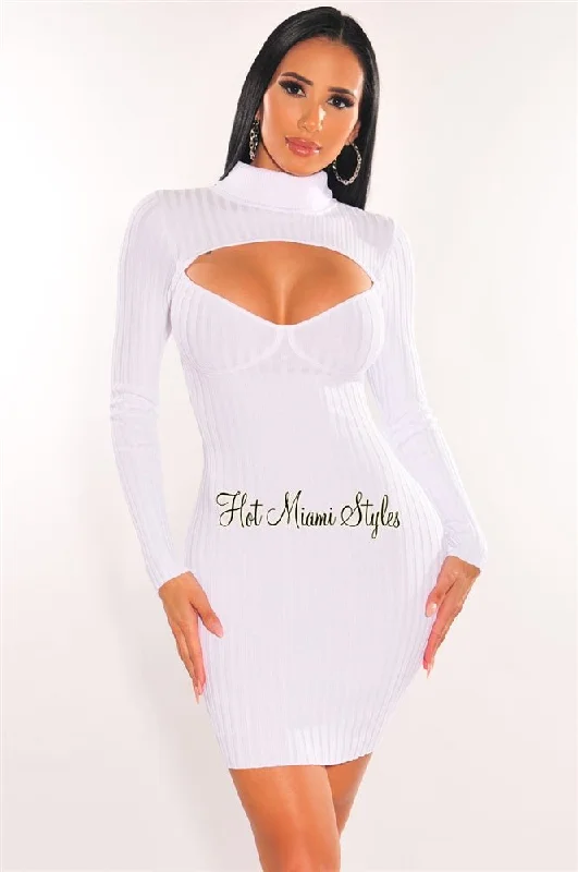 Stylish Looks White Ribbed Knit Turtle Neck Long Sleeve Cut Out Dress Casual Chic