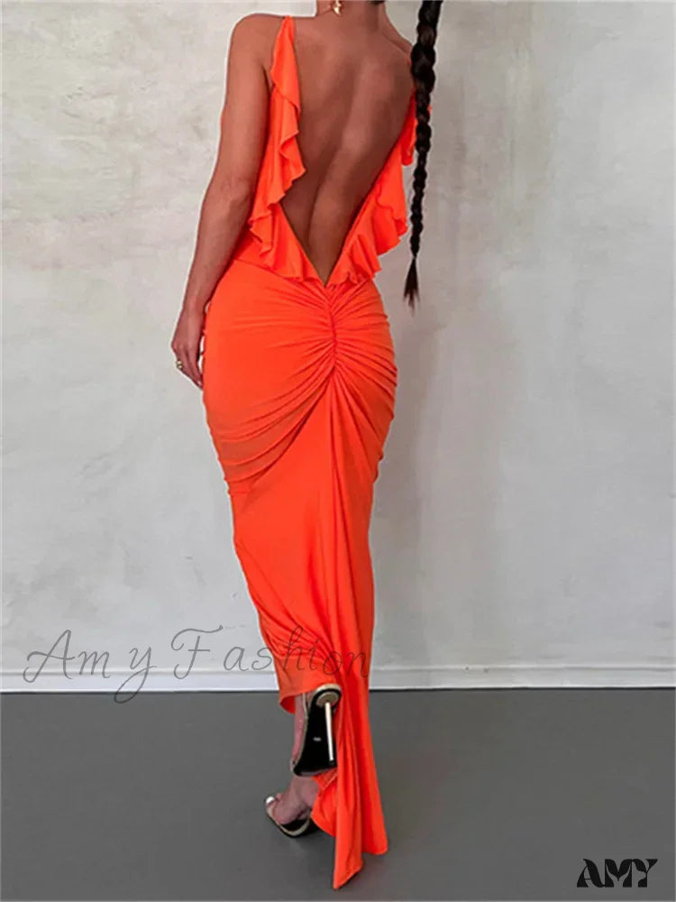 End-Of-Season Clearance Amy Fashion - Women Sexy Spaghetti Strap Backless  Bodycon V-neck Ruffles Ruched Party Evening Clubwear Vestidos Seasonal Trend