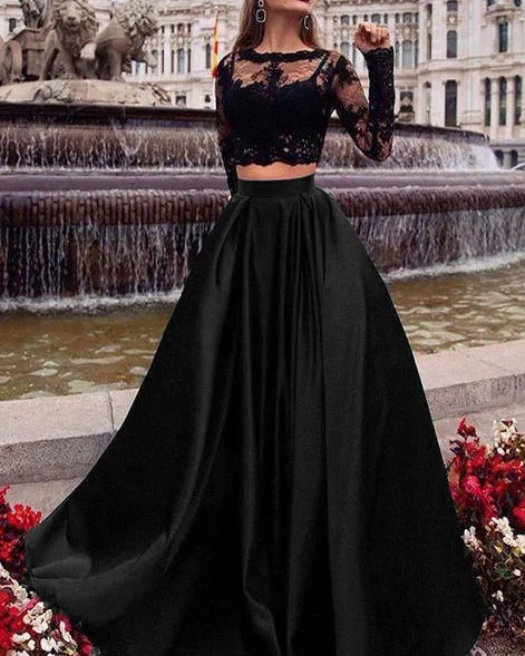 Budget Friendly Crop Top Two Pieces Long prom Dress with lace appliques with Long sleeves Graceful Cut