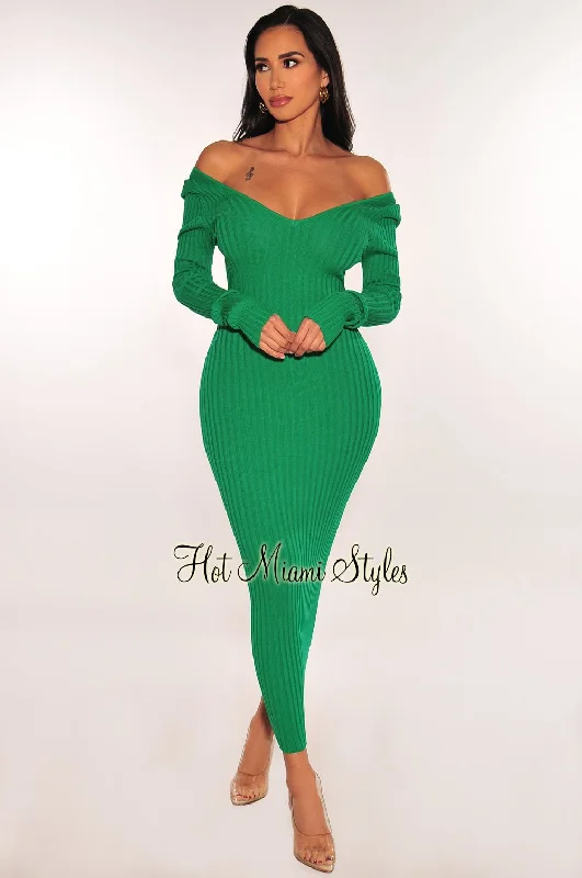 Clearance Event Green Ribbed Knit Long Sleeves Dress Flash Sale