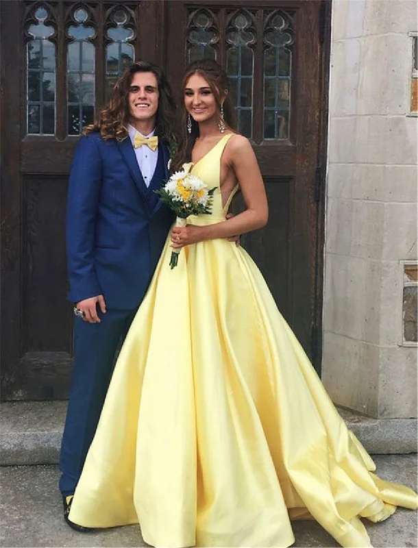 New In This Season Yellow Long Satin Deep V Neck A Line Girls Formal Prom Gowns 2022 PL03311 Minimalist Office - Ready Style