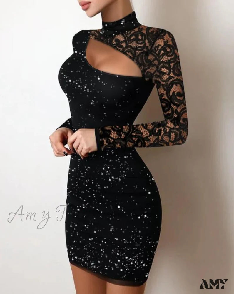 Fashion Frontiers Amy Fashion - Glitter Contrast Lace Cutout Long Sleeve Bodycon Mini Dress Hollywood Glam Award - Show Style