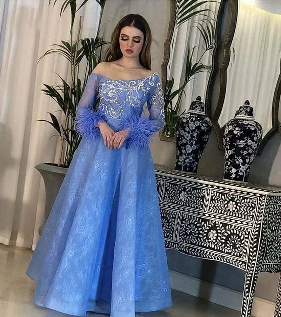 Flash Sale Fever New Arrival Blue Illusion O Neck Beaded Stones Long Sleeve Feather Floor Length Lace Prom Dresses   cg12460 Vibrant Prints