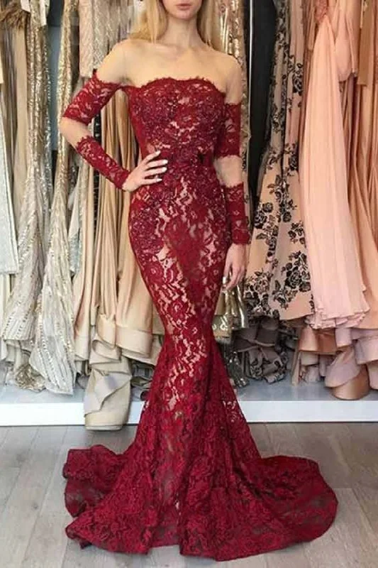 Ends Soon Mermaid Long Sleeves Dark Red Off the Shoulder Lace Prom Dresses with Train     cg19904 Luxury Style