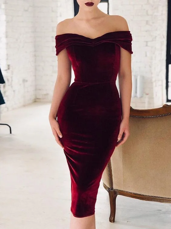 Step Ahead, Lead The Trend Women Velvet Off Shoulder Long Sleeve Ruched Bodycon Cocktail Party Club prom Dress cg6183 Feminine Soft - Hued Look