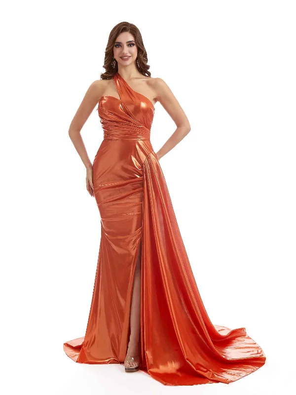 Trendy Women'S Wear Collection One shoulder Side Slit Sexy Mermaid Metallic Stretch Shiny Fabric Long Wedding Guest Dresses Tropical Island - Inspired Attire