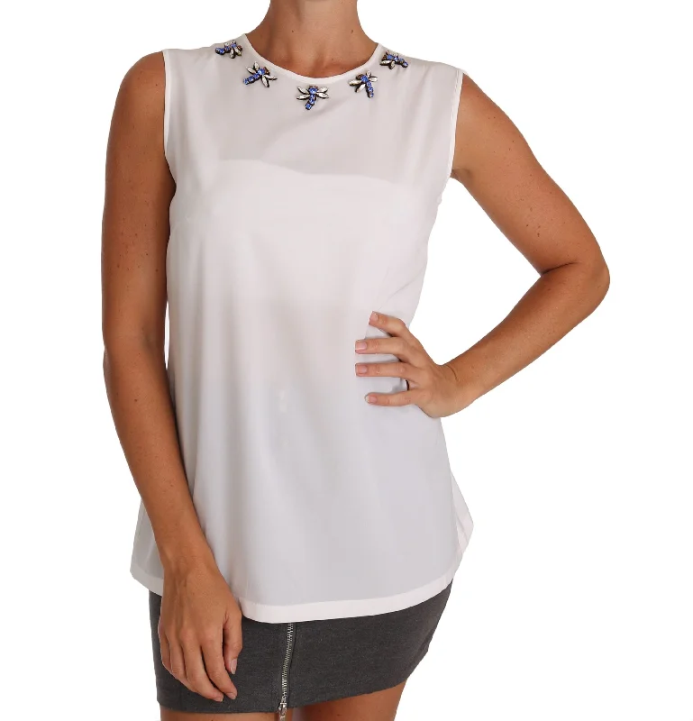 Winter Warehouse Sale Dolce & Gabbana Elegant Embellished Sleeveless Silk Blouse Bold Silhouette