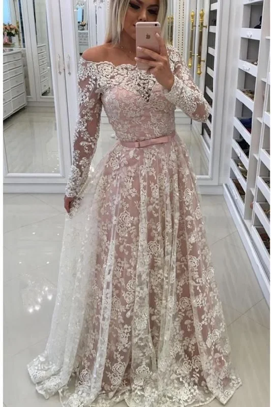 Discount Extravaganza A Line Floor Length Off Shoulder Long Sleeve Lace Prom Dress,Party Dress   cg12085 Everyday Glamour