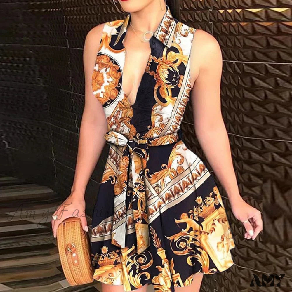 Exclusive Discounts Amy Fashion - Women Chain Print Sleeveless Dress Feminine Elegance