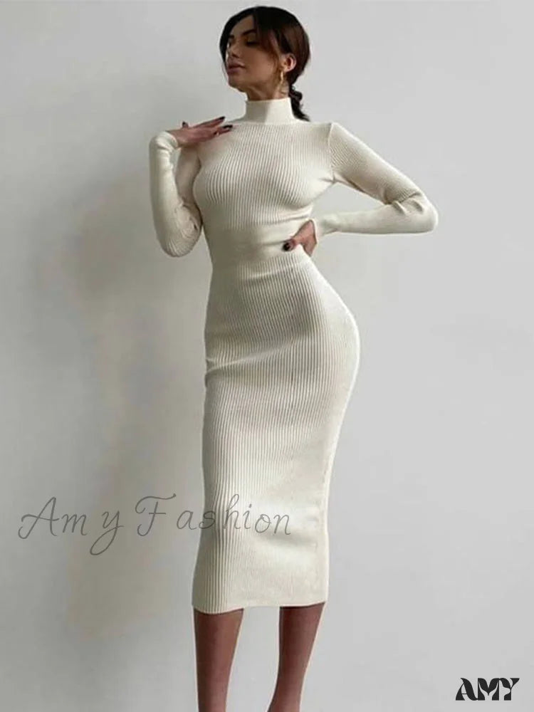 Athleisure Style Sale Amy Fashion - Elegant Solid Bodycon Long Sleeve Sweater Dress Y2K Nostalgic Fashion Look