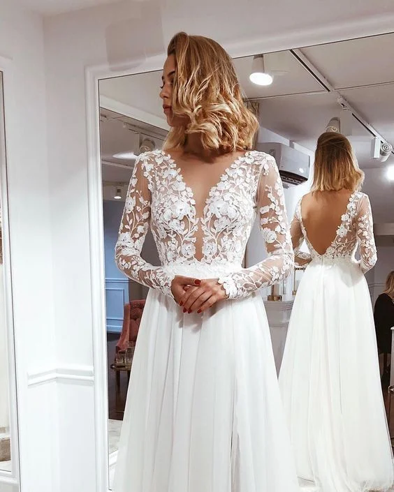 Chic & Cozy Collection Simple A Line V Neck Open Back Ivory Lace Long Sleeves Prom Dresses  cg7447 Urban Sophistication