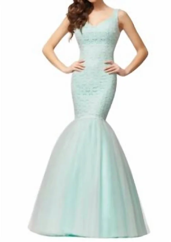 Latest Fashion Lace And Tulle Mermaid Gown In Ivory/aqua Cottagecore Rustic Charm Style