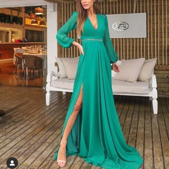 Vintage Style Deals deep v neck long sleeve side slit a line chiffon floor length prom dress   cg12847 Modern Glamour